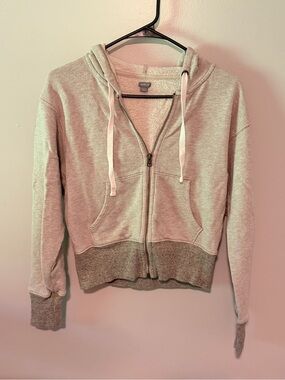 aerie Light Heather Gray Zip Hoodie with Contrast Ribbed Hem